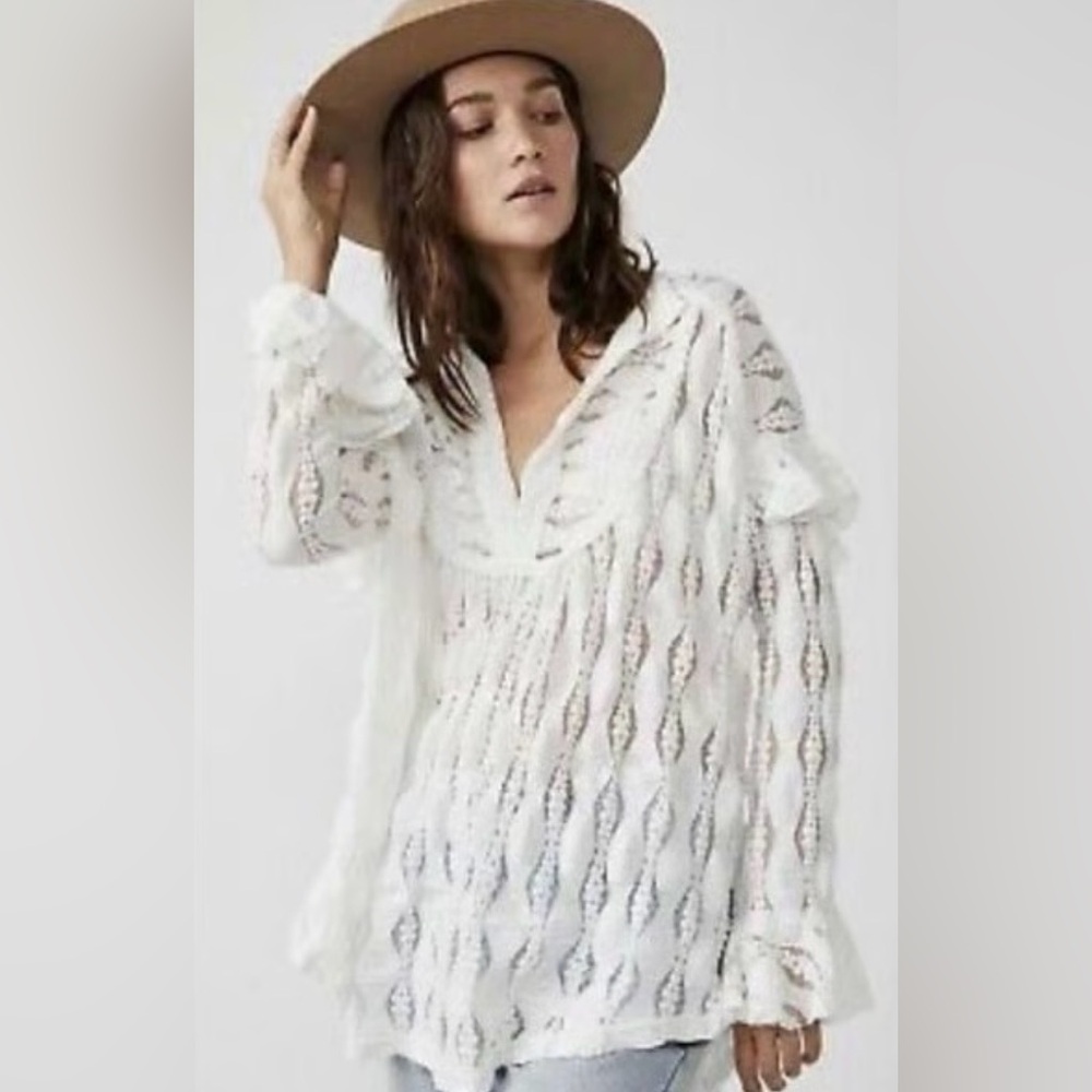 Free People Cream Lace Knit Top